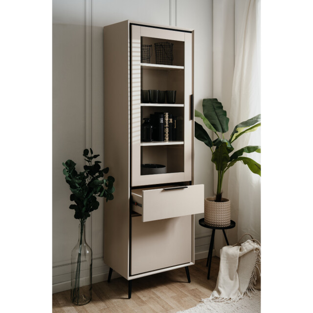 CaliCosy Hoog dressoir met 1 glazen deur, 1 deur en 1 lade, cappuccino en zwart, 60 cm 3197145 large