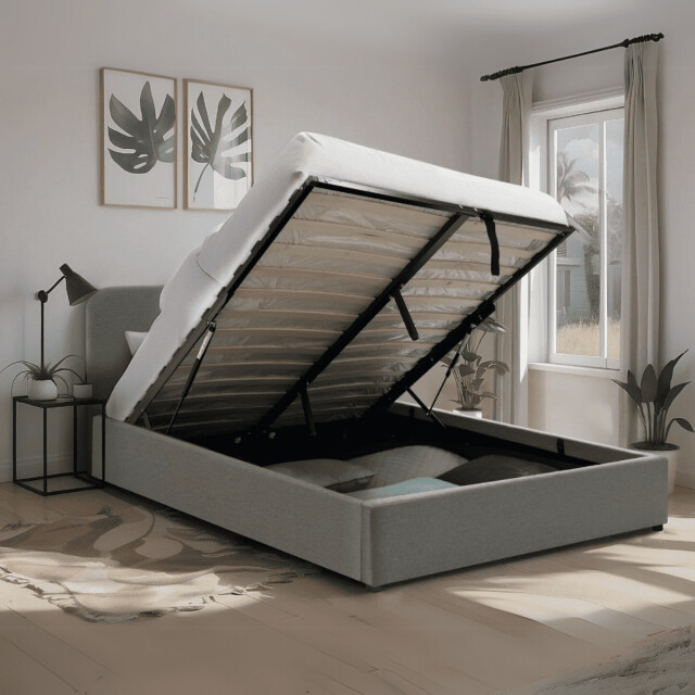 CaliCosy Opbergbed 140x190 cm met hoofdbord bekleed met grijze stof livy 2979228 large