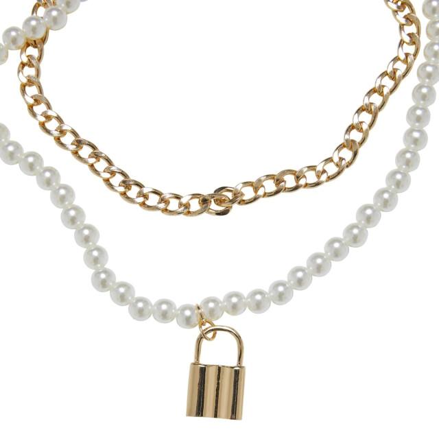 Urban Classics Gelaagde halsketting met imitatieparel hangslot UTTN667_gold large