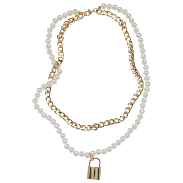 Urban Classics Gelaagde halsketting met imitatieparel hangslot UTTN667_gold large