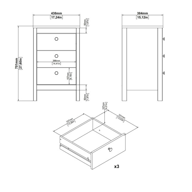 CaliCosy Nachtkastje met 3 lades matzwart h70,1 cm barcelone 3207627 large