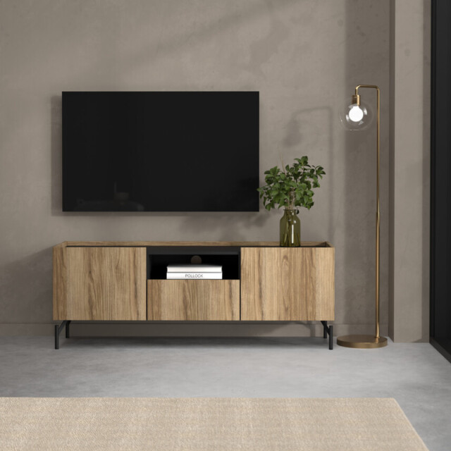 CaliCosy Tv-meubel met 2 deuren, 1 lade, 1 vak eikendecor en matzwart b147 cm billie 3206377 large