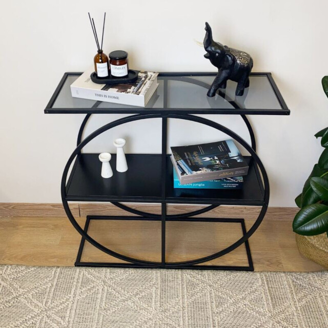 CaliCosy Console met rookglazen blad en ronde metalen poot l80 cm cloudy 3227007 large