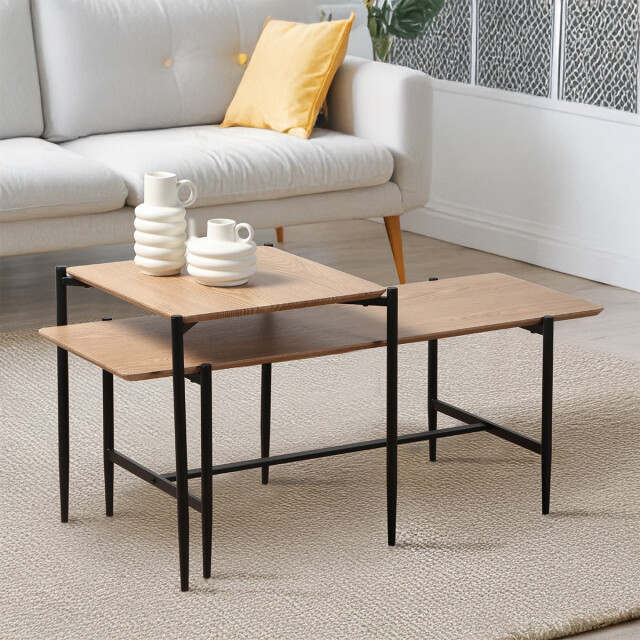 CaliCosy Set van 2 houten salontafels in nestvorm met zwarte metalen poten l100 cm 3226962 large