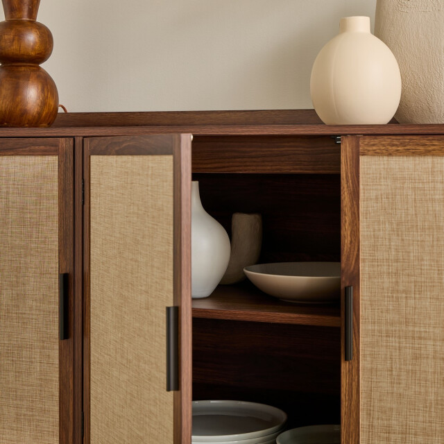 CaliCosy Dressoir met 3 deuren in notenhoutdecor en fronten van stof l140 cm jetson 3205796 large