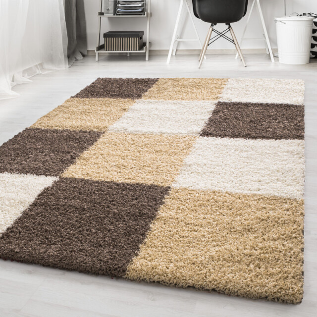 Muratap Basic shaggy geblokt vloerkleed bruin / beige hoogpolig- 120x170 1128575 large