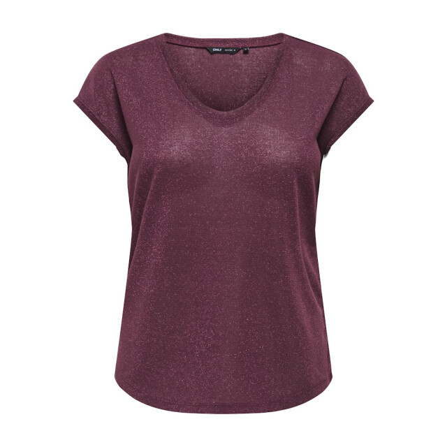 Only onlsilvery s/s v neck lurex top jrs 15136069 burgundy 06011.680.0006 large