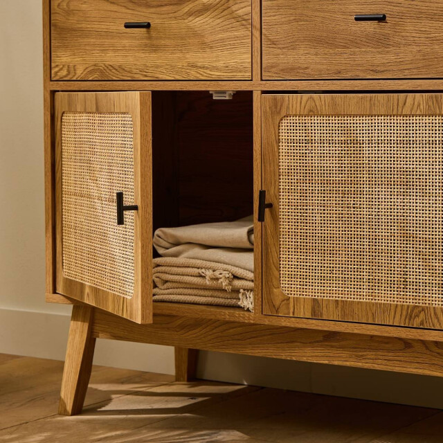 CaliCosy Commode met 2 deuren met rotan fronten, 2 lades en houten poten l90 cm 3245913 large