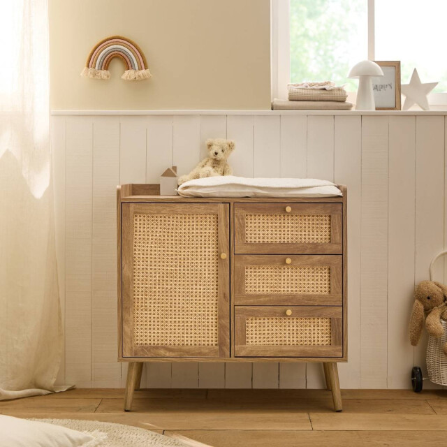 CaliCosy Commode met 1 deur en 3 lades, rotan fronten en houten poten, l80 cm palmo 3245912 large