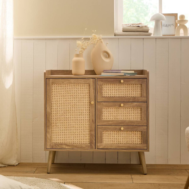 CaliCosy Commode met 1 deur en 3 lades, rotan fronten en houten poten, l80 cm palmo 3245912 large