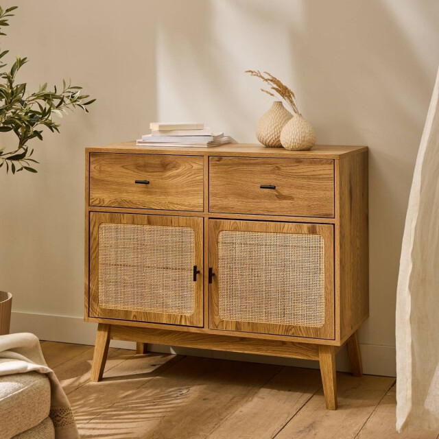 CaliCosy Commode met 2 deuren met rotan fronten, 2 lades en houten poten l90 cm 3245913 large