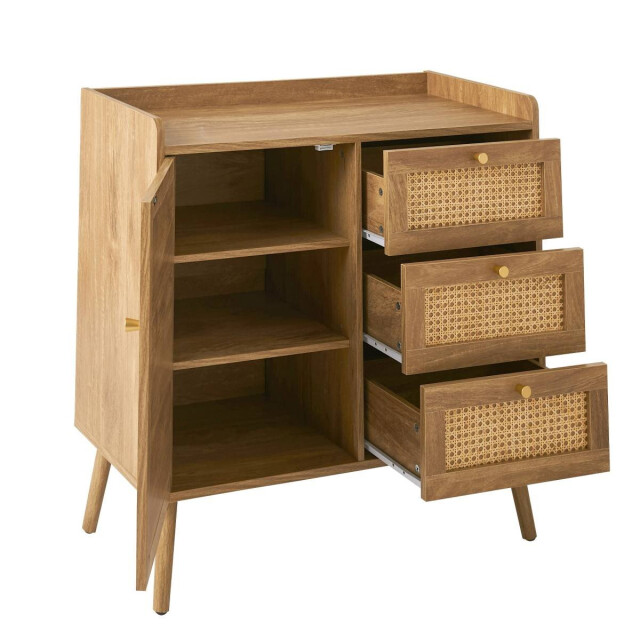 CaliCosy Commode met 1 deur en 3 lades, rotan fronten en houten poten, l80 cm palmo 3245912 large