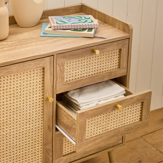 CaliCosy Commode met 1 deur en 3 lades, rotan fronten en houten poten, l80 cm palmo 3245912 large