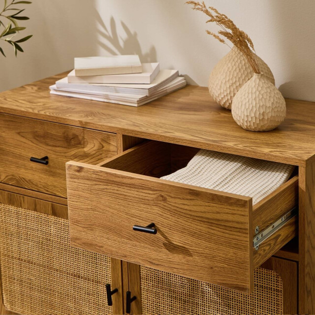CaliCosy Commode met 2 deuren met rotan fronten, 2 lades en houten poten l90 cm 3245913 large