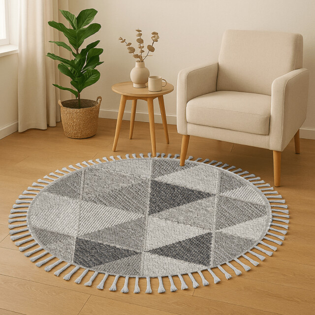 CaliCosy Vloerkleed rond grijs met grijs driehoekmotief en franjes bukle 3246594 large