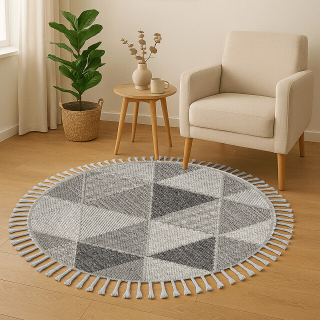 CaliCosy Vloerkleed rond grijs met grijs driehoekmotief en franjes bukle 3246593 large