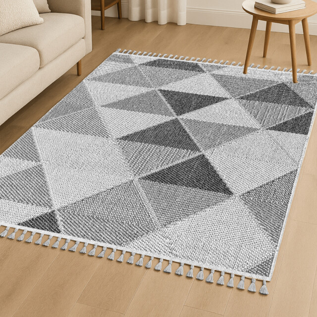 CaliCosy Vloerkleed rechthoekig grijs met grijs driehoekmotief en franjes bukle 3246592 large