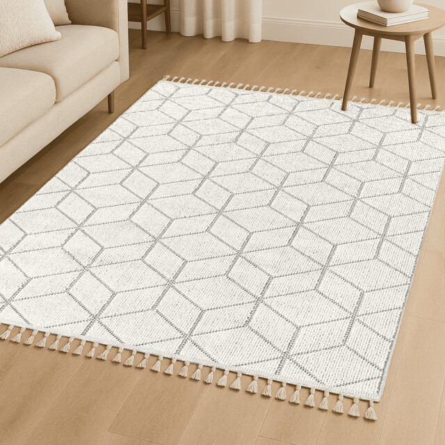 CaliCosy Vloerkleed rechthoekig ecru met zwarte geometrische motieven en franjes bukle 3246597 large