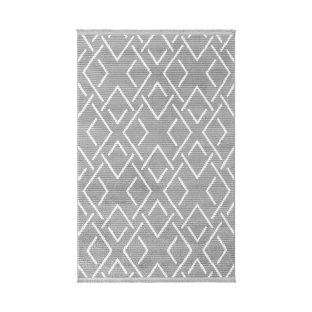 CaliCosy Vloerkleed rechthoekig donkergrijs met ecru geometrisch motief en franjes - 3246599 large