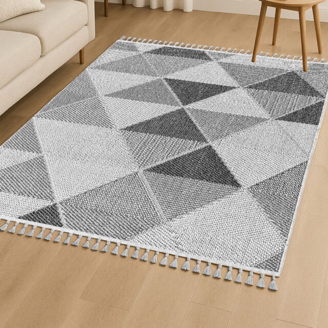 CaliCosy Vloerkleed rechthoekig grijs met grijs driehoekmotief en franjes bukle 3246591 large