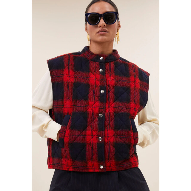 By-Bar Amsterdam 25519005 mave red check sleeveless jacket 25519005 mave jacket large