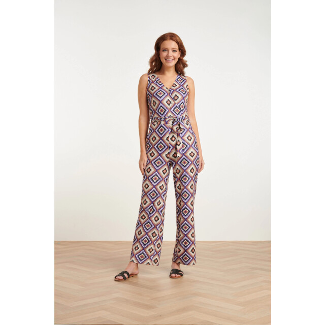 Smashed Lemon 23337 paars zachte stretch aztec print zomer jumpsuit | 23337-380-998 large