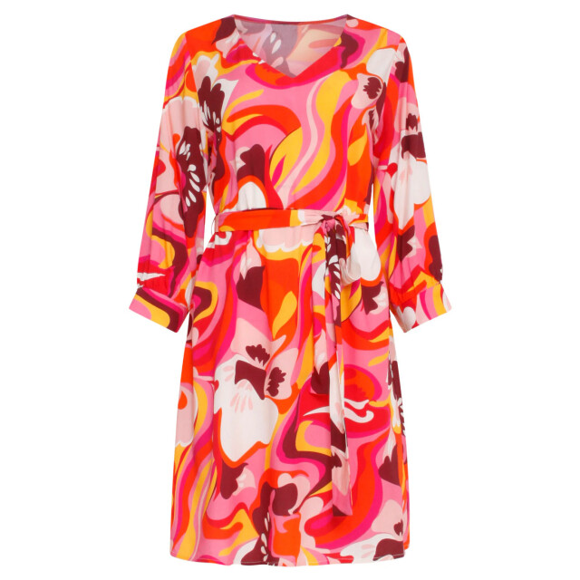 Smashed Lemon 24000 floral retro print v-neck jurk met riem | 24000-420-998 large