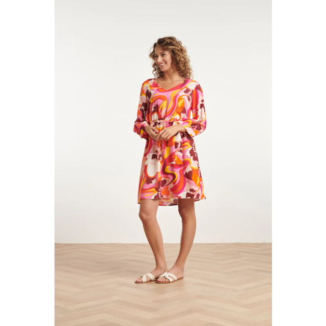 Smashed Lemon 24000 floral retro print v-neck jurk met riem | 24000-420-998 large