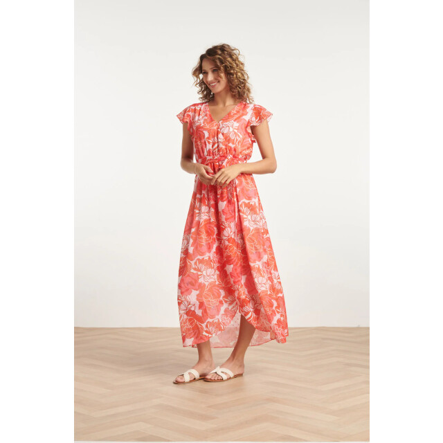 Smashed Lemon 24008 bloemenpracht chiffon jurk met ruchesceintuur | 24008-420-450 large