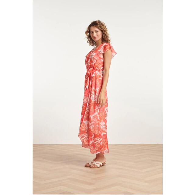Smashed Lemon 24008 bloemenpracht chiffon jurk met ruchesceintuur | 24008-420-450 large