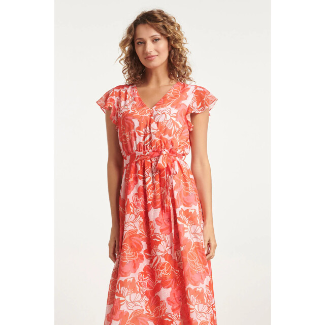 Smashed Lemon 24008 bloemenpracht chiffon jurk met ruchesceintuur | 24008-420-450 large