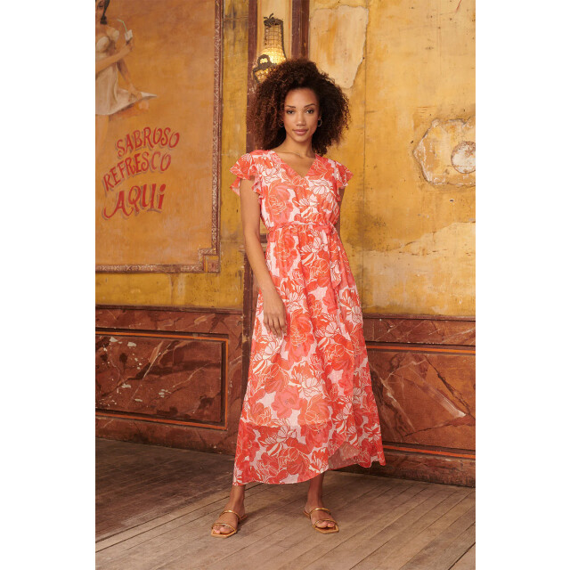Smashed Lemon 24008 bloemenpracht chiffon jurk met ruchesceintuur | 24008-420-450 large