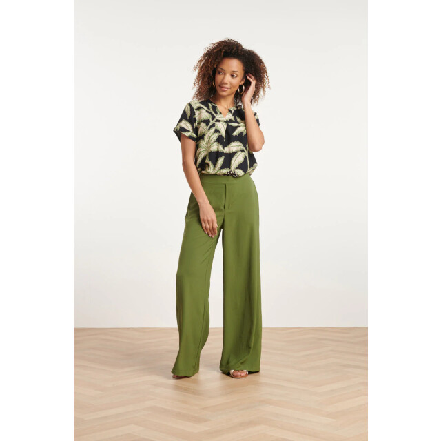 Smashed Lemon 24088 losvallende wijde broek met elastische achterkantwarm mos | 24088-550-L large