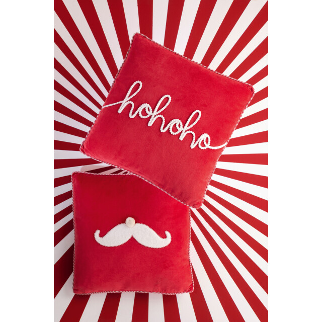 J-Line Cushion santa mustache/hohoho cotton christmas red/white assortment of 2 56507 large