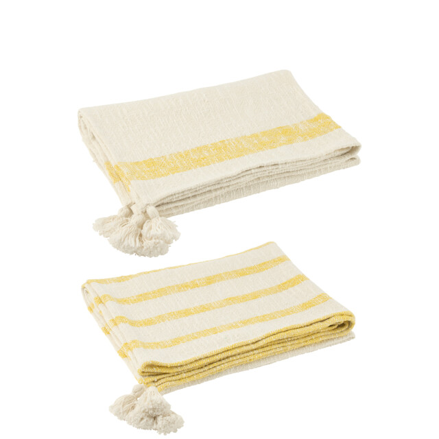 J-Line Plaid stripes+tassels cotton white/yellow assortment of 2 51916 large