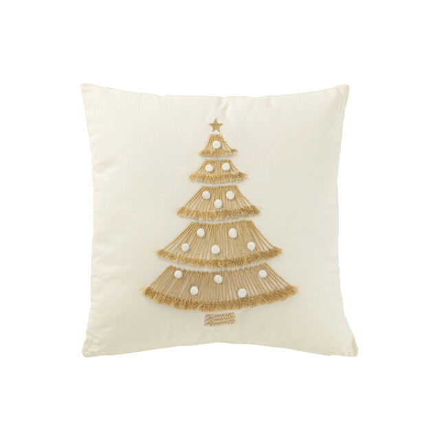 J-Line Cushion christmas tree fringes+pompoms cotton white/gold 47120 large
