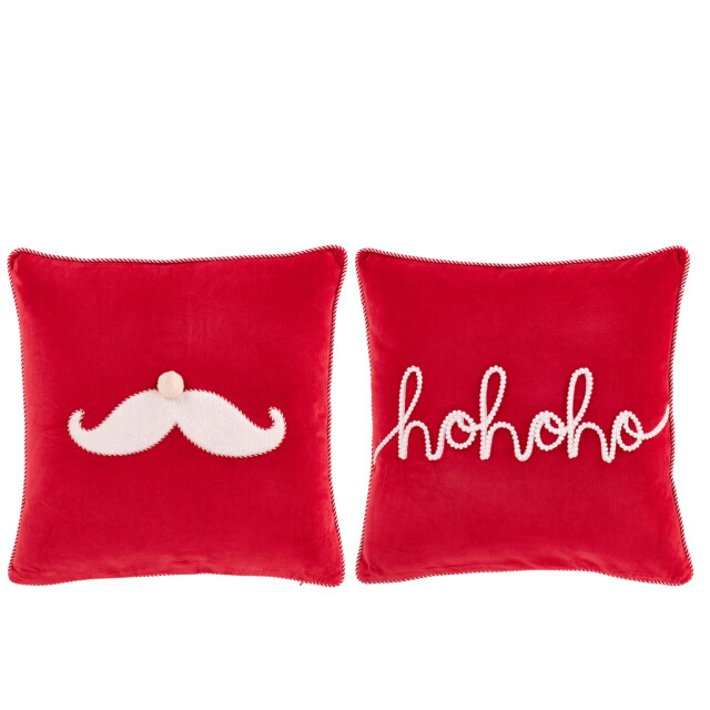 J-Line Cushion santa mustache/hohoho cotton christmas red/white assortment of 2 56507 large