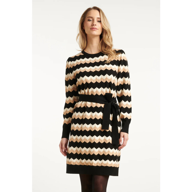 Smashed Lemon Zwart en zand gebreide zigzag jurk | 25521-999-720 large