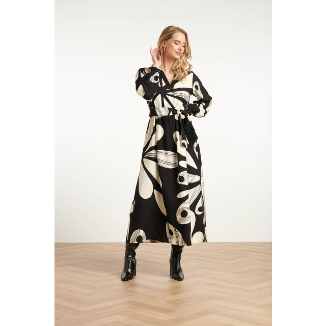 Smashed Lemon Maxi jurk met graffische bloemenprint in zwart en off-white | 25594-999-010 large