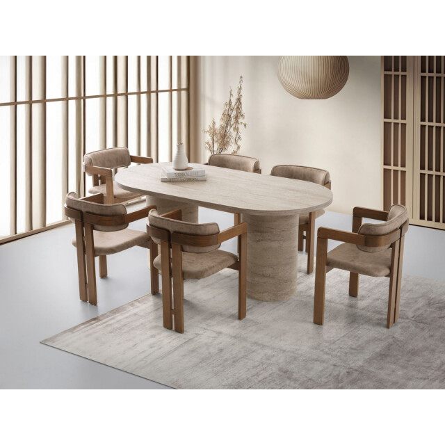 CaliCosy Ovale eettafel met brede poten, travertin decor l180 cm hermes 3253342 large