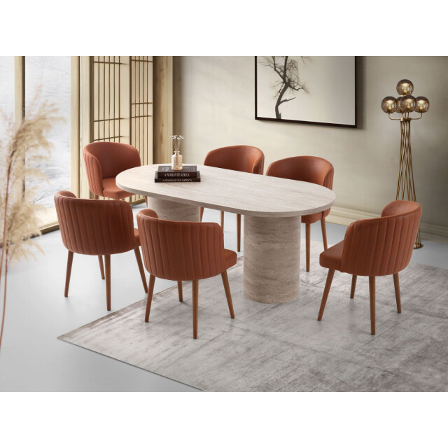 CaliCosy Ovale eettafel met brede poten, travertin decor l180 cm hermes 3253342 large