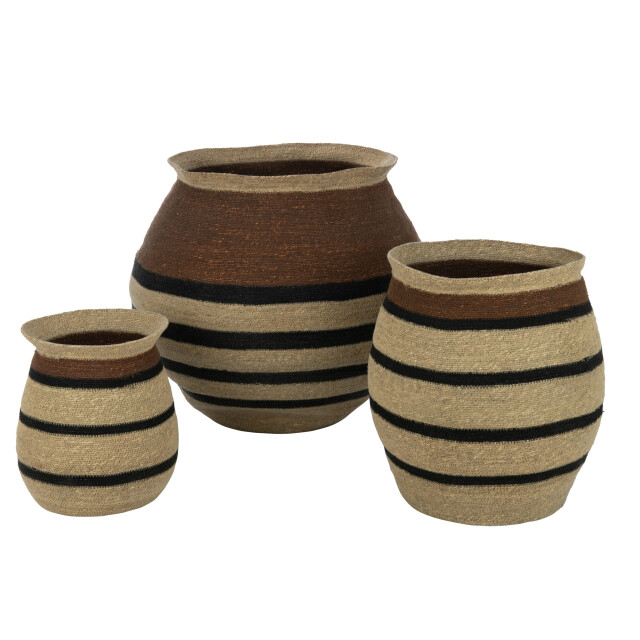 J-Line Set of 3 baskets round striped marie seagrass brown black 31082 large