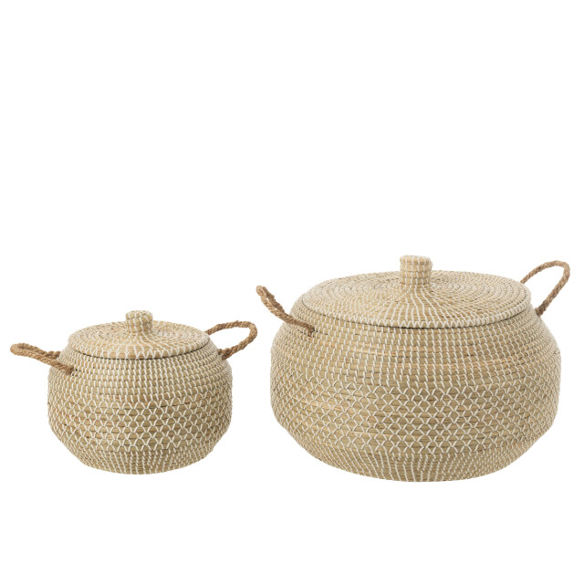 J-Line Set of 2 basket handles+lid seagrass/plastic natural/white 51849 large