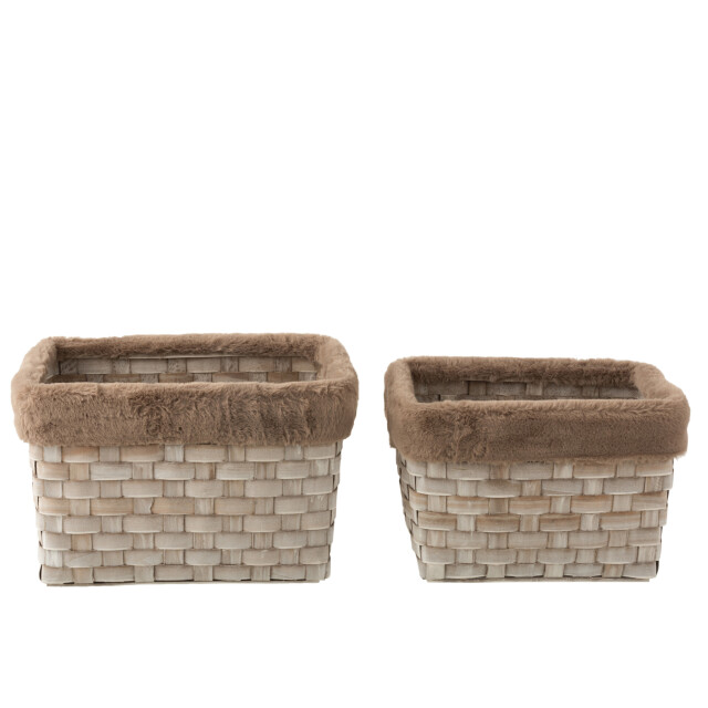 J-Line Set of 2 baskets rectangle+imitation fur rattan flat brown 17676 large