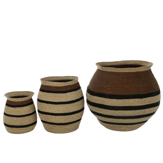 J-Line Set of 3 baskets round striped marie seagrass brown black 31082 large