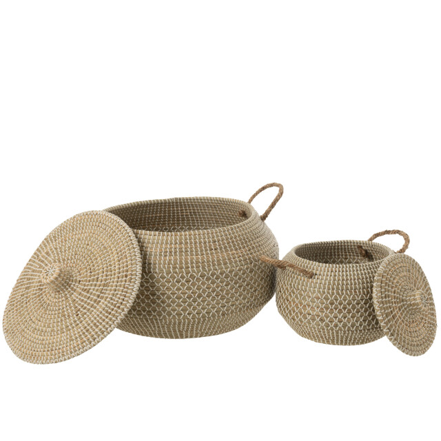 J-Line Set of 2 basket handles+lid seagrass/plastic natural/white 51849 large