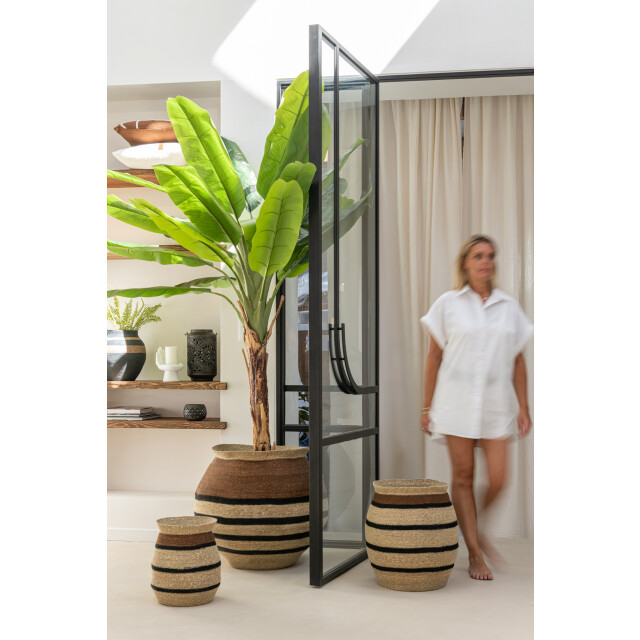 J-Line Set of 3 baskets round striped marie seagrass brown black 31082 large