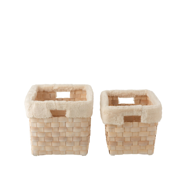 J-Line Set of 2 baskets rectangle+imitation fur rattan flat natural white wash 17671 large