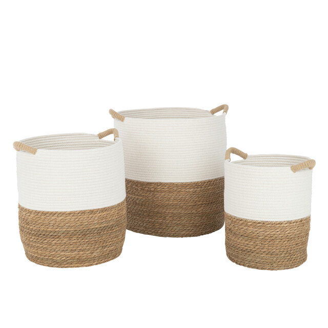 J-Line Set of 3 basket round handles textile white/natural 33263 large