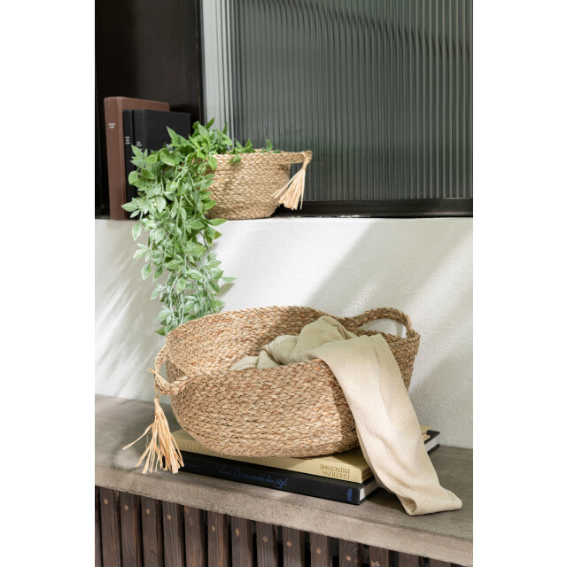 J-Line Set of 3 basket round with handle+ tassel grass natural 33312 large
